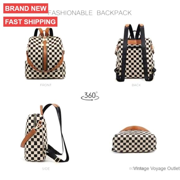 Checkered Canvas Backpack Purse for Women, Daypack for Travel Work main image 6
